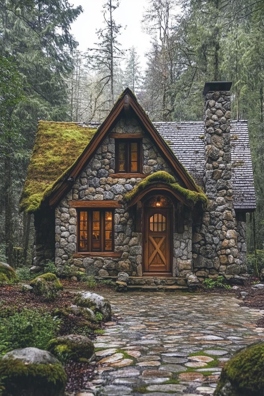 Charming stone cabin with mossy roof set in a forest