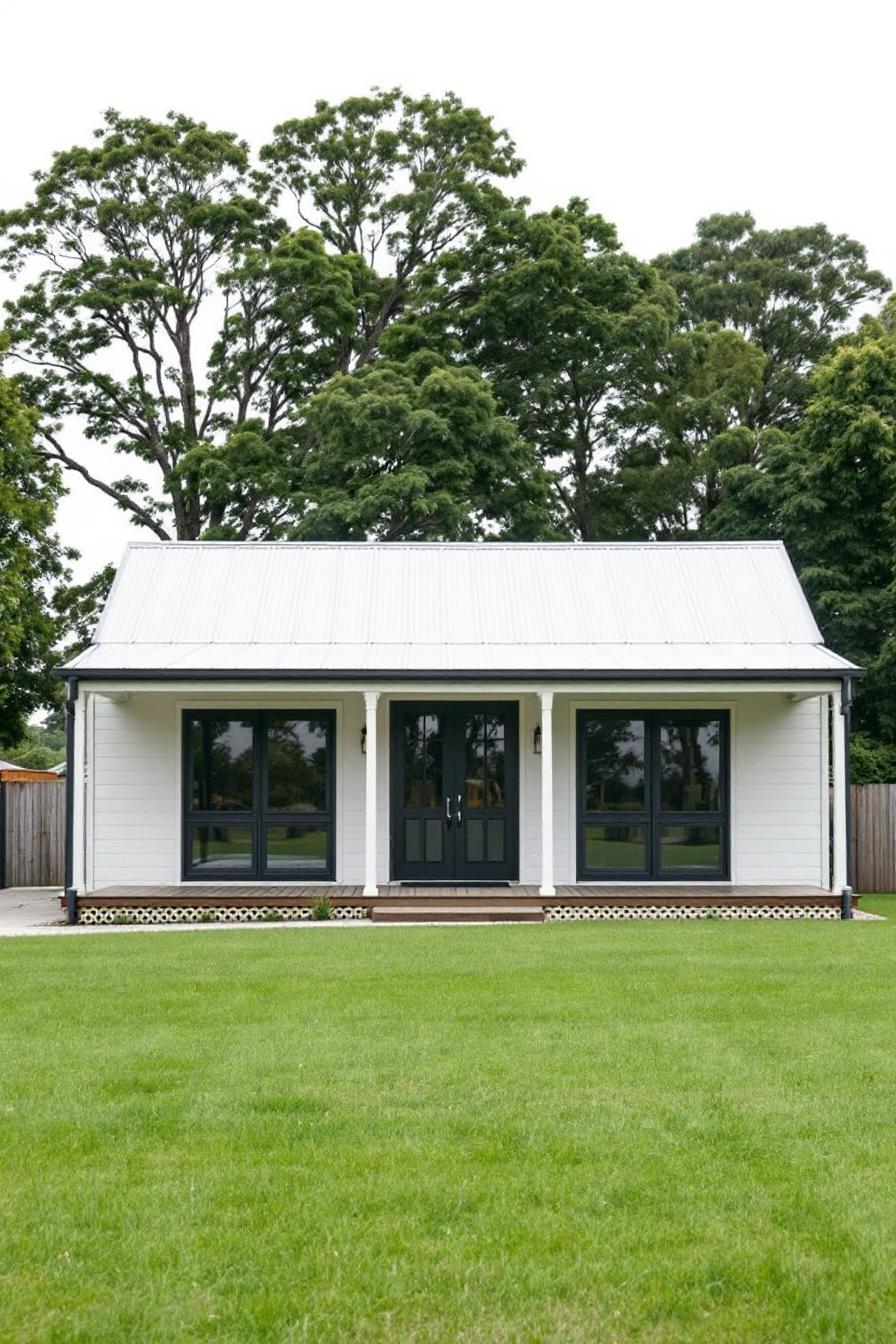 A cozy white cottage with a neat lawn in the foreground