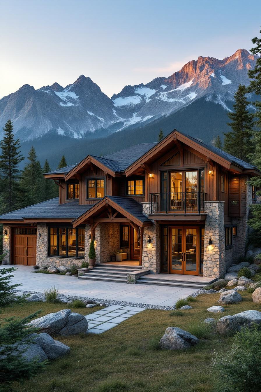 Cozy stone cabin with mountain backdrop