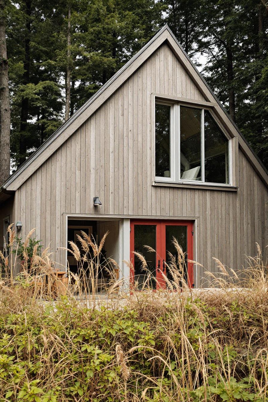 A-frame cabin with large windows surrounded by greenery