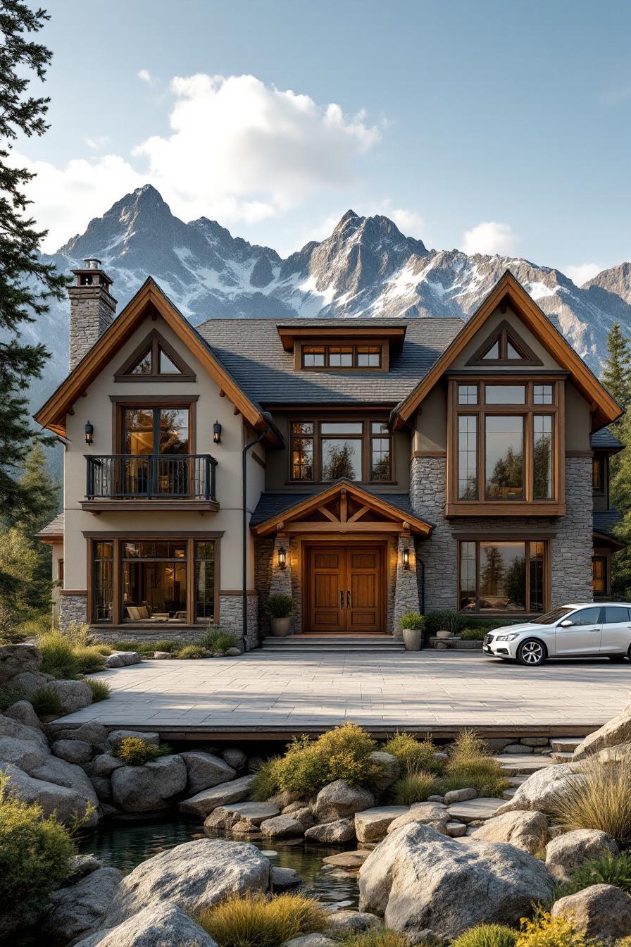 Luxurious mountain home with majestic peaks behind