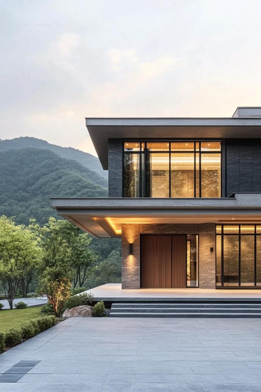 Contemporary house with large windows and mountain backdrop
