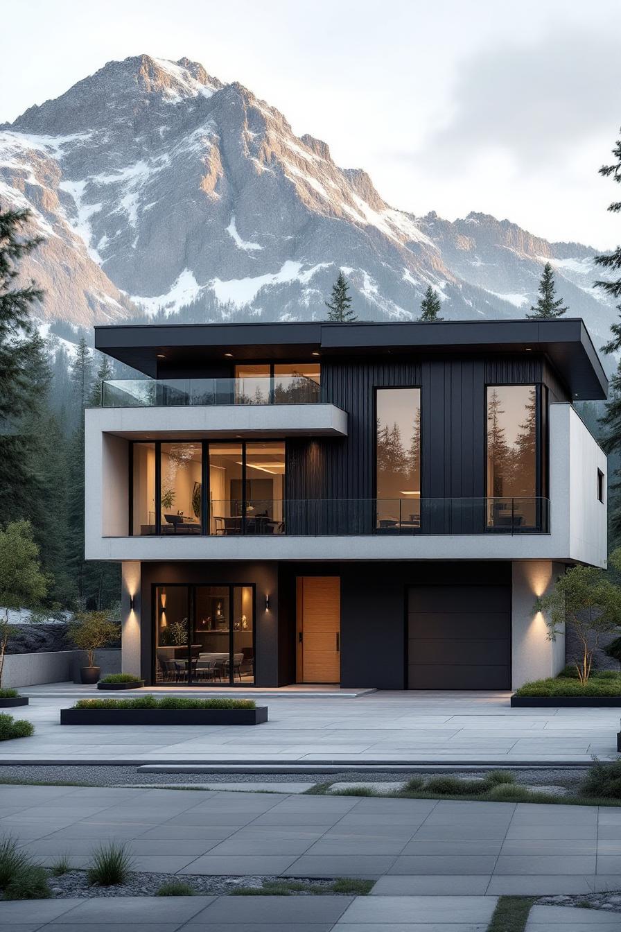 Modern home nestled at mountain base with large windows
