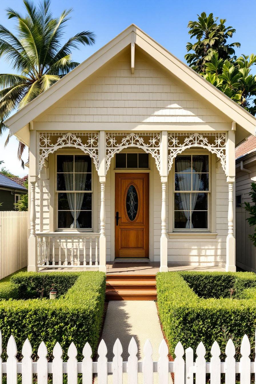 Cute cottage with decorative trim and a wooden door
