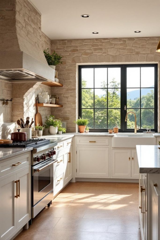 A modern French country kitchen exemplifies a rustic yet elegant aesthetic with a predominantly light color theme. The room showcases classic