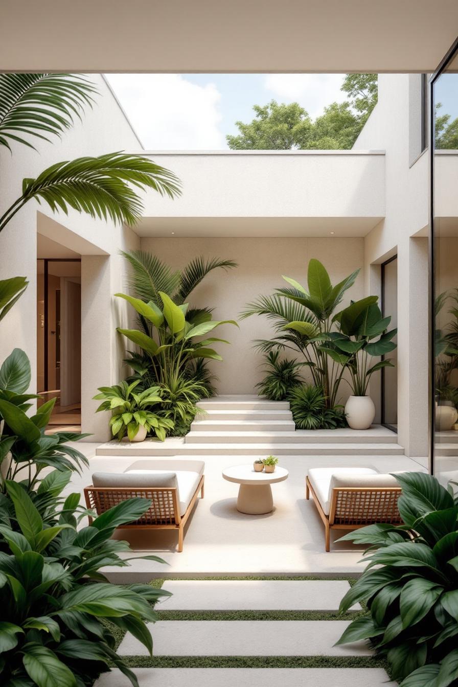 Elegant courtyard with plants and lounge chairs
