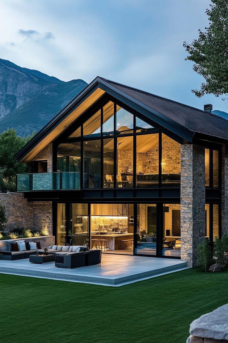 Chic mountain home with glass façade at twilight