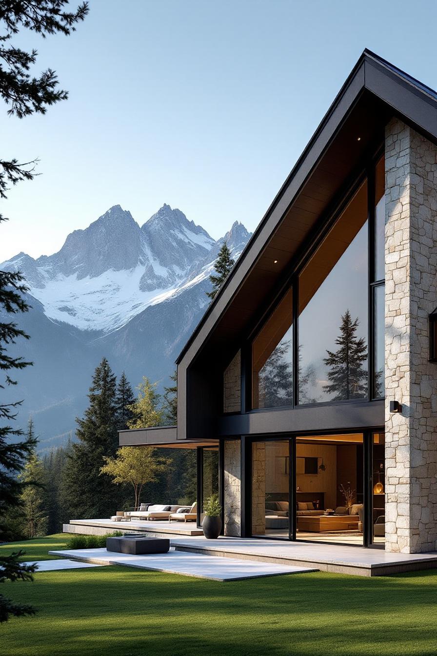 Modern mountain home with large windows and stone facade, nestled in nature