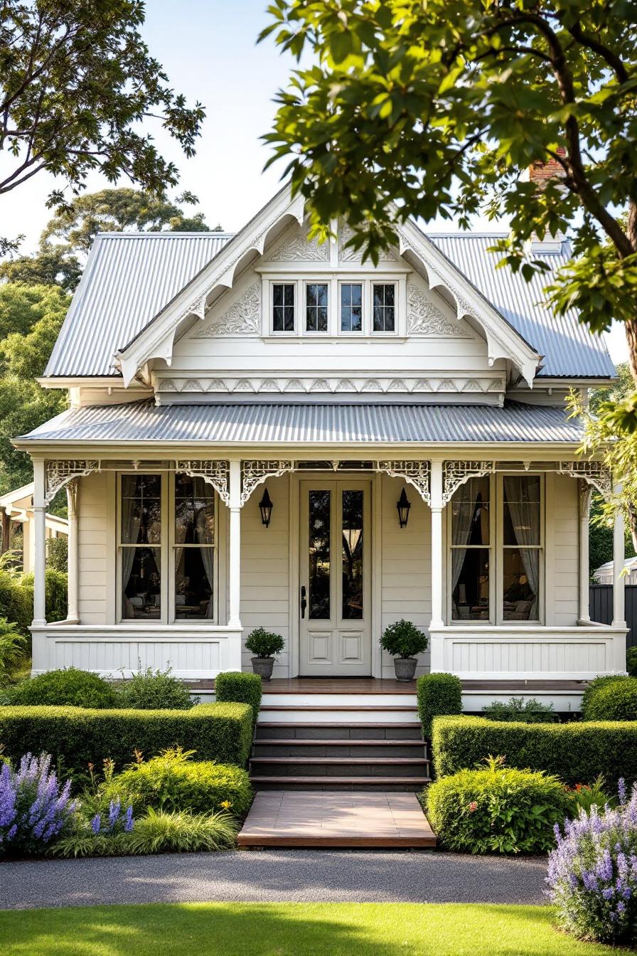 Charming white cottage with a lush green garden