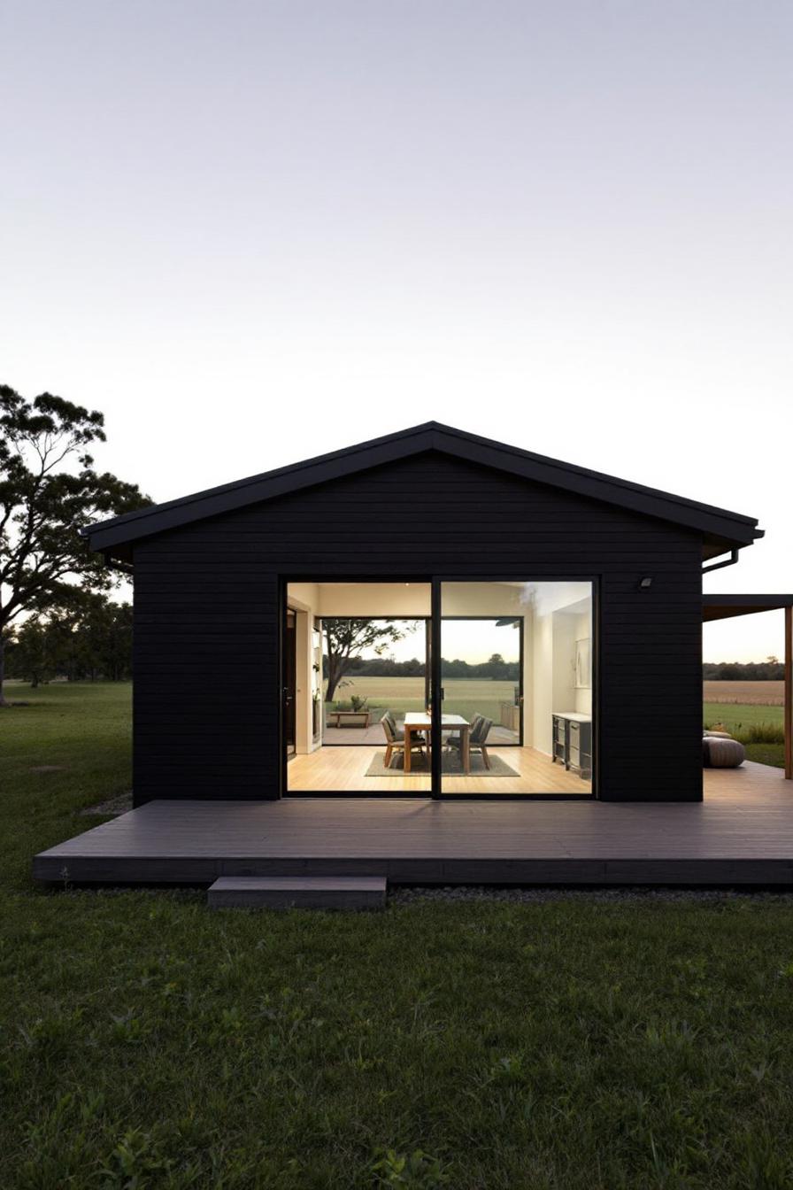 Modern black cottage with large glass doors, surrounded by open fields