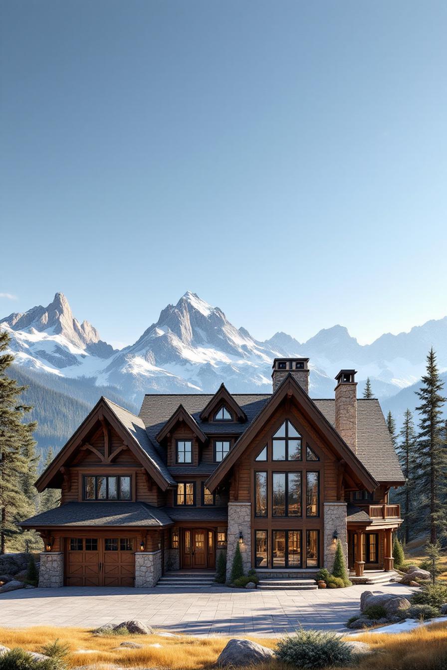 Elegant wooden house with tall windows, set amidst mountains