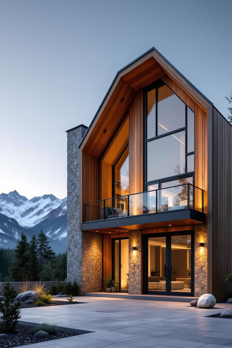 Modern cabin with large windows and stone accents