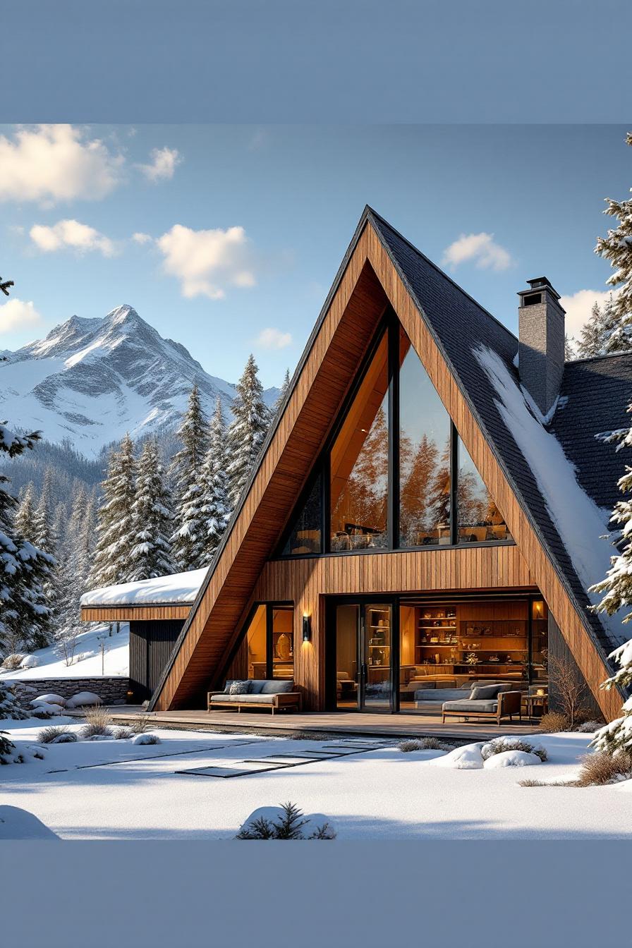 Luxury cabin with large windows and mountain backdrop