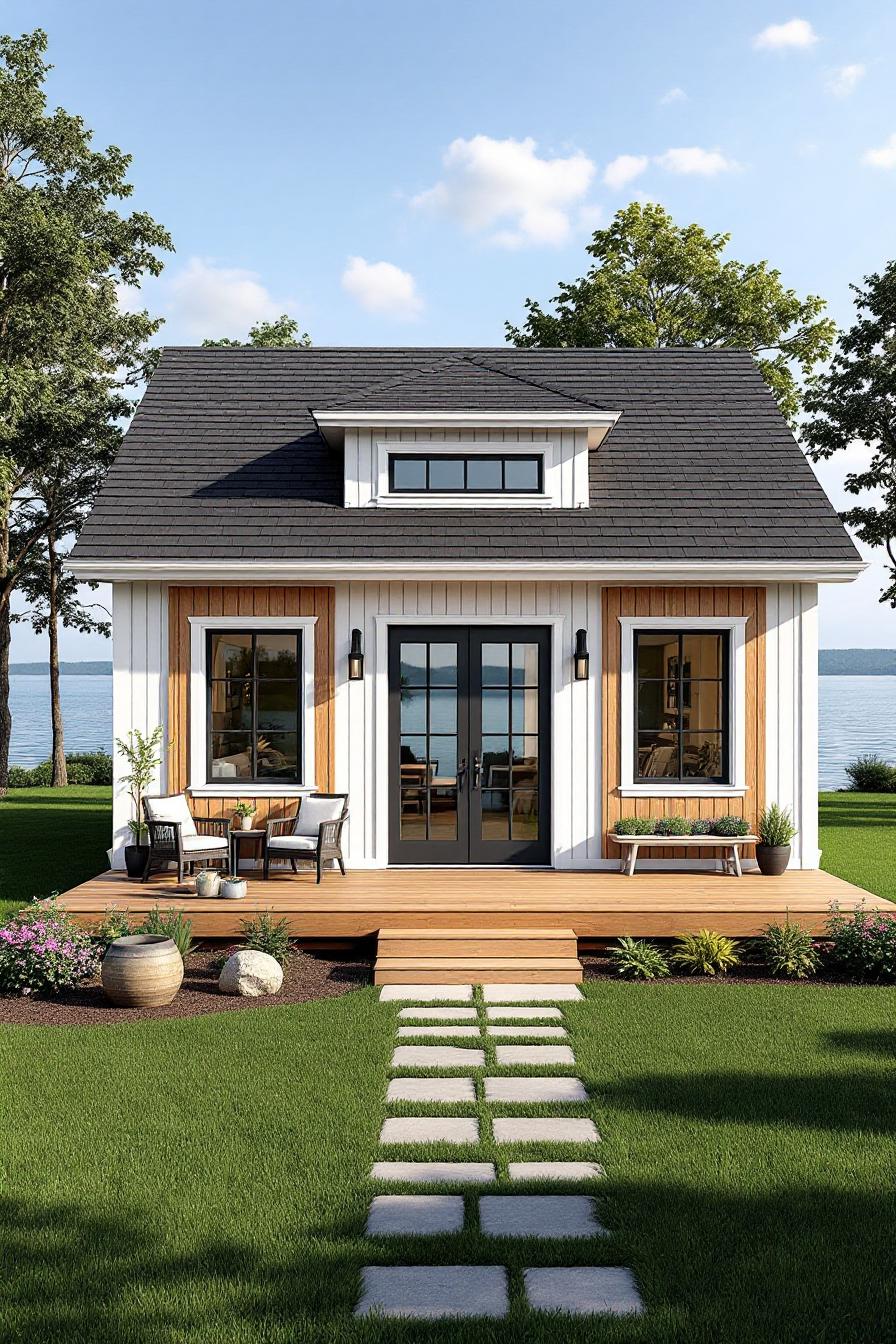 Charming cottage with a wooden deck by the water