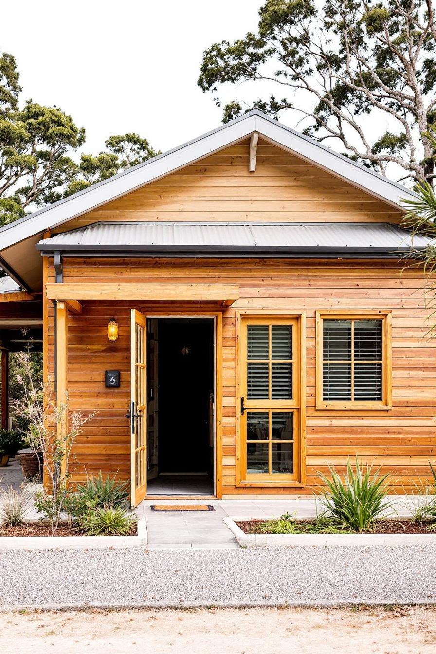 Cozy wooden cottage with lush greenery