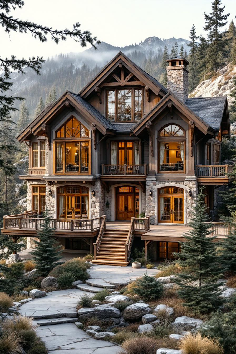 Charming mountain home with large windows and stone accents