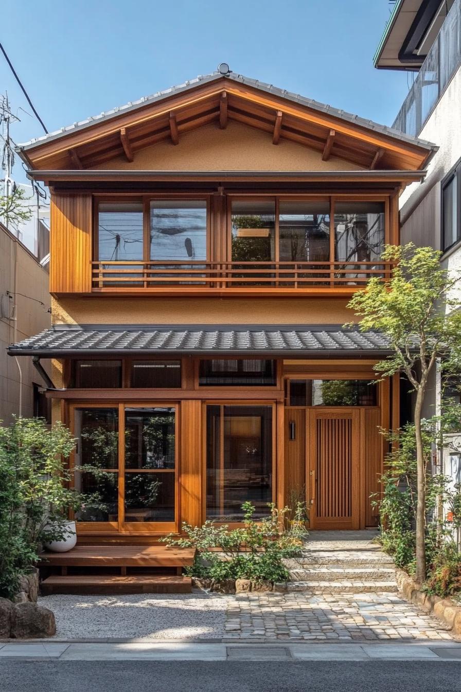 Traditional Japanese cottage with a wooden facade and garden path