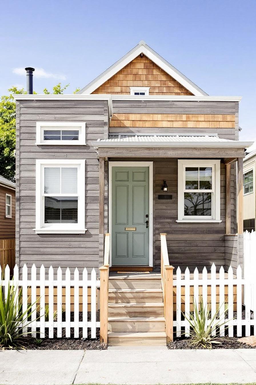 Small rustic cottage with a picket fence and pastel door