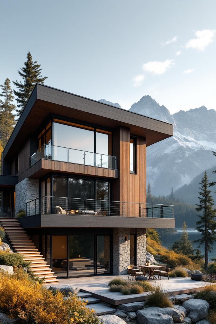 Modern luxury home in the mountains with large glass windows and wooden panels
