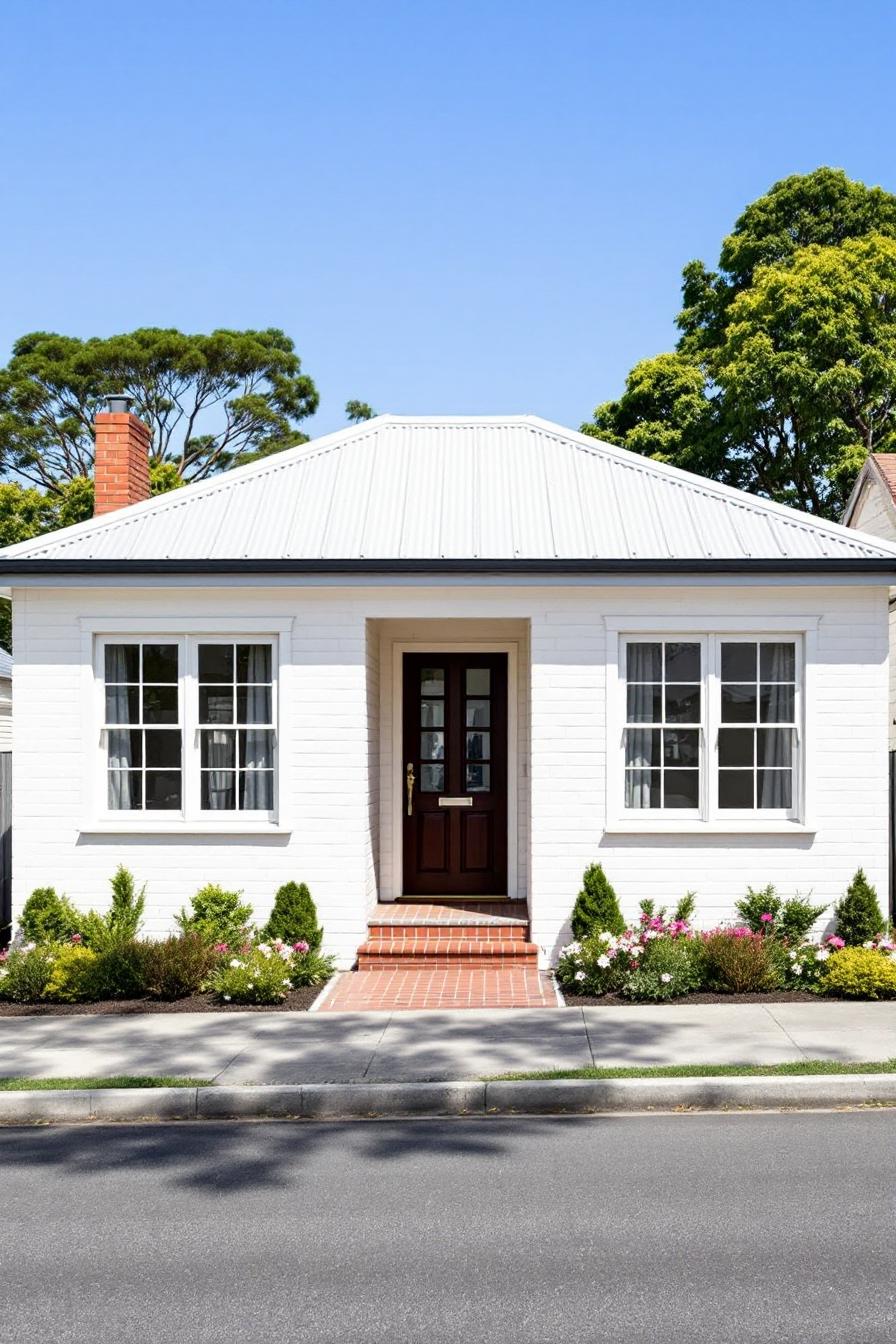 Small white brick cottage with a dark door