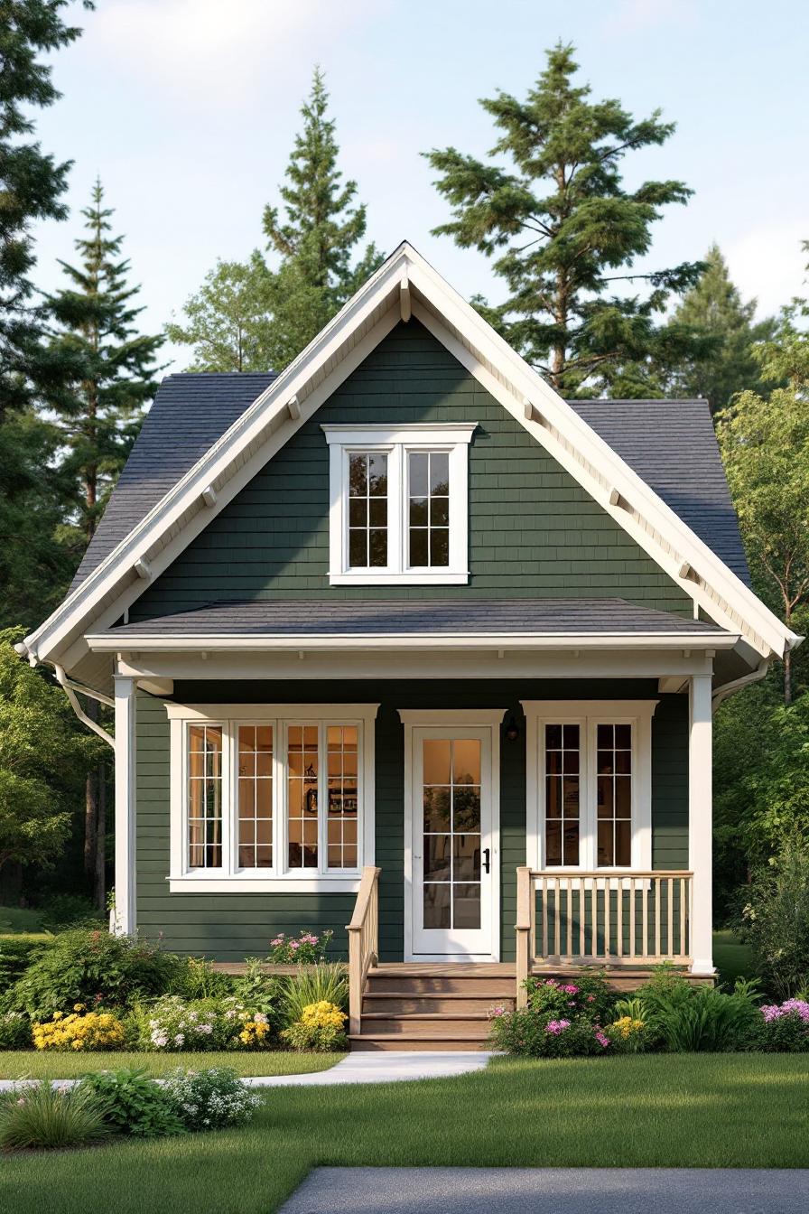 Charming green bungalow surrounded by lush greenery