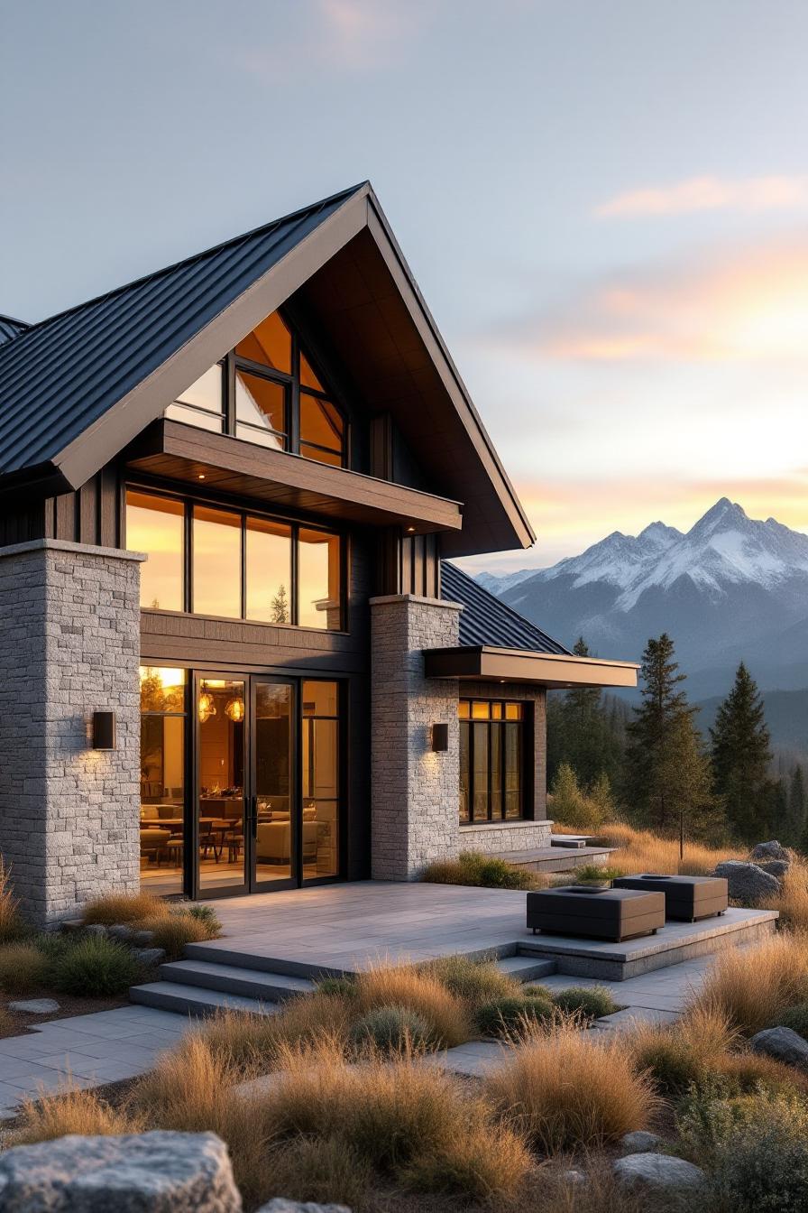 Modern mountain home with large windows and surrounding greenery at sunset