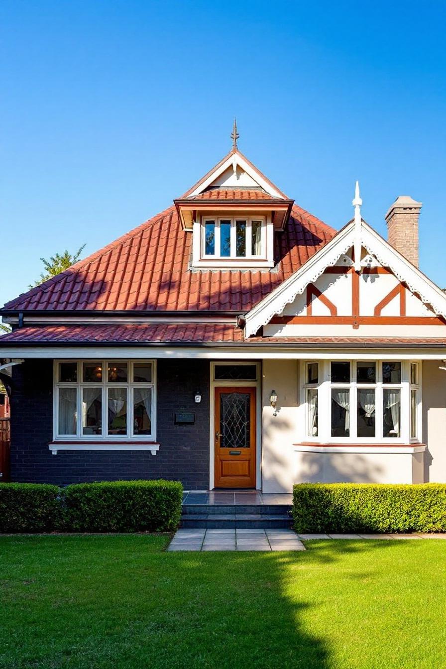 Charming cottage with red roof, white trim, and lush green lawn