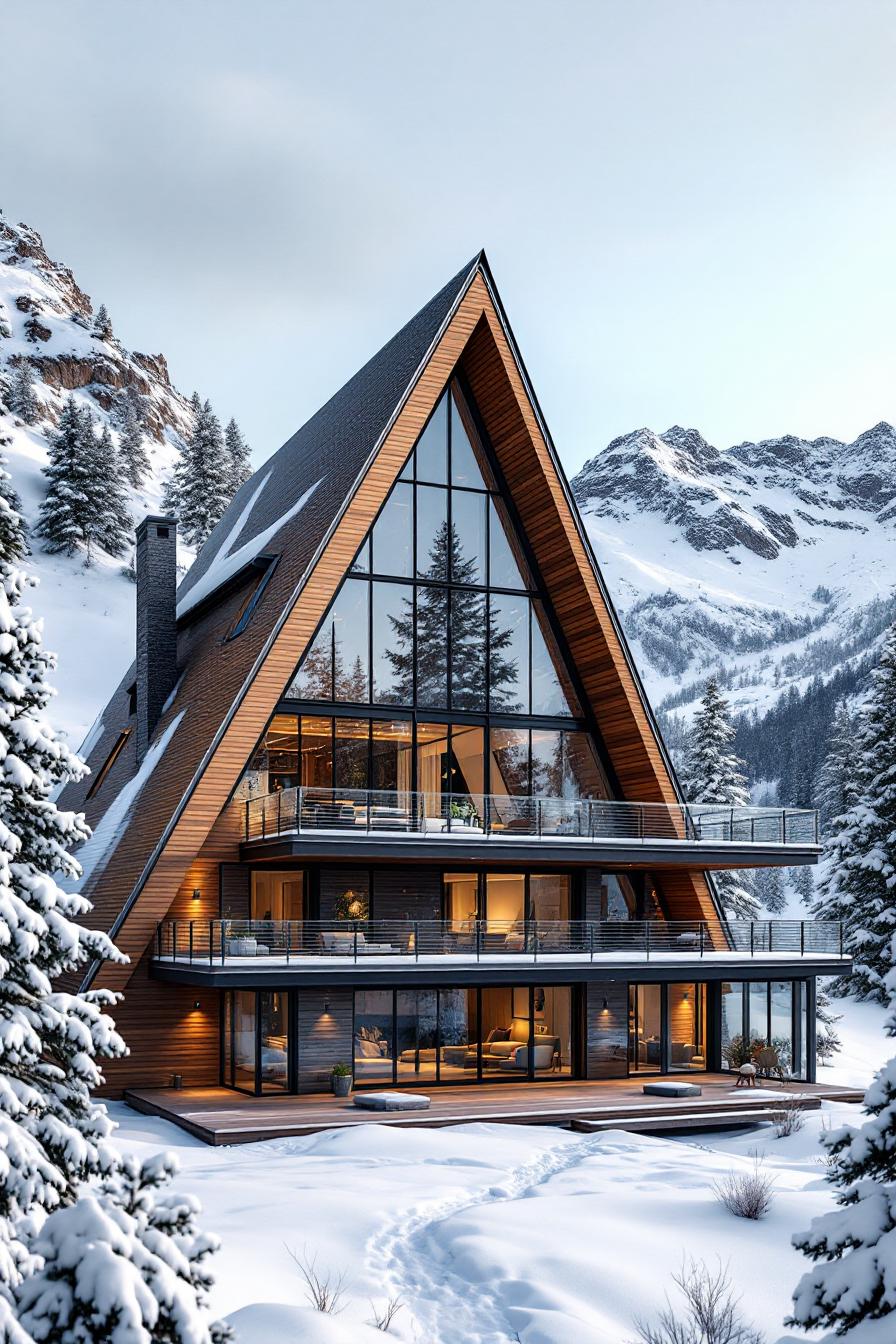 Chic A-frame lodge surrounded by snowy mountains