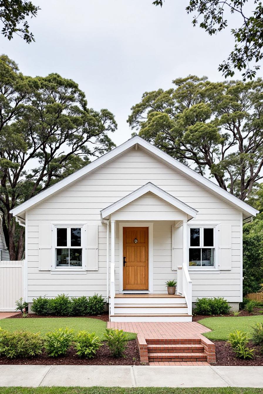 Charming white cottage with a wooden door and small front porch