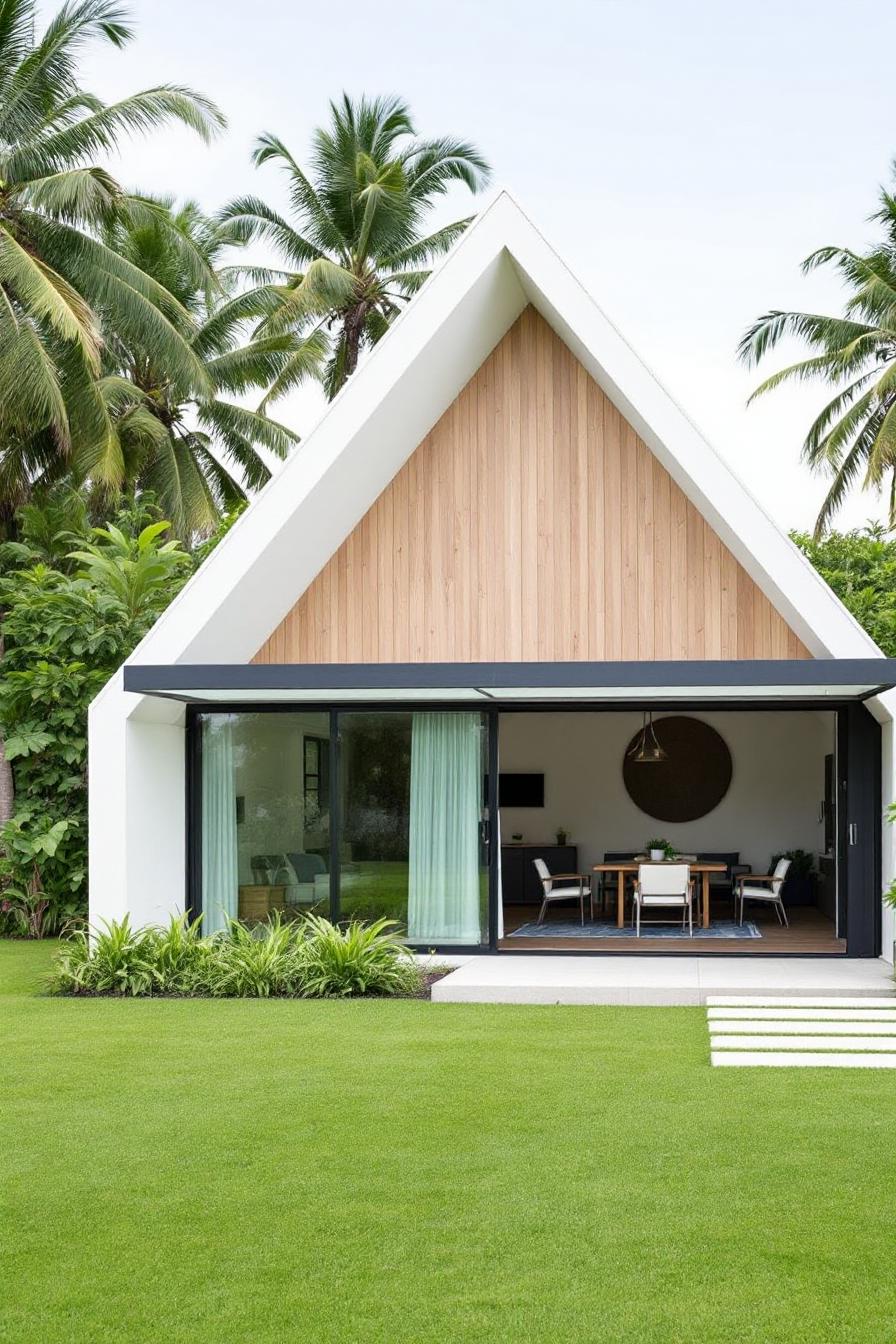 A-frame bungalow with open sliding doors and lush greenery