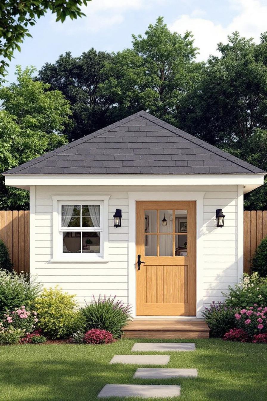Chic white shed with wooden door and lush garden