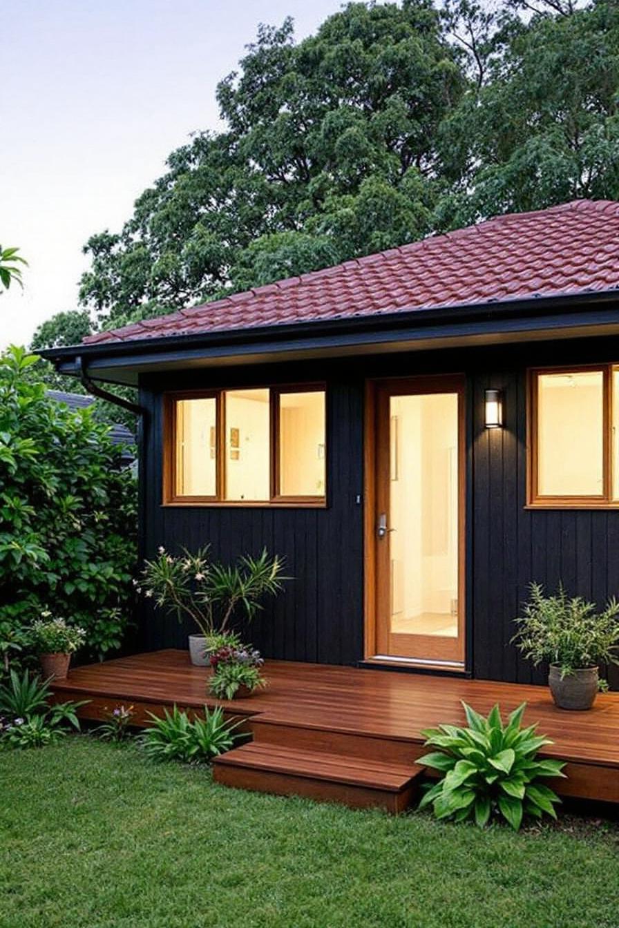 Small black cottage with wooden deck and lush garden