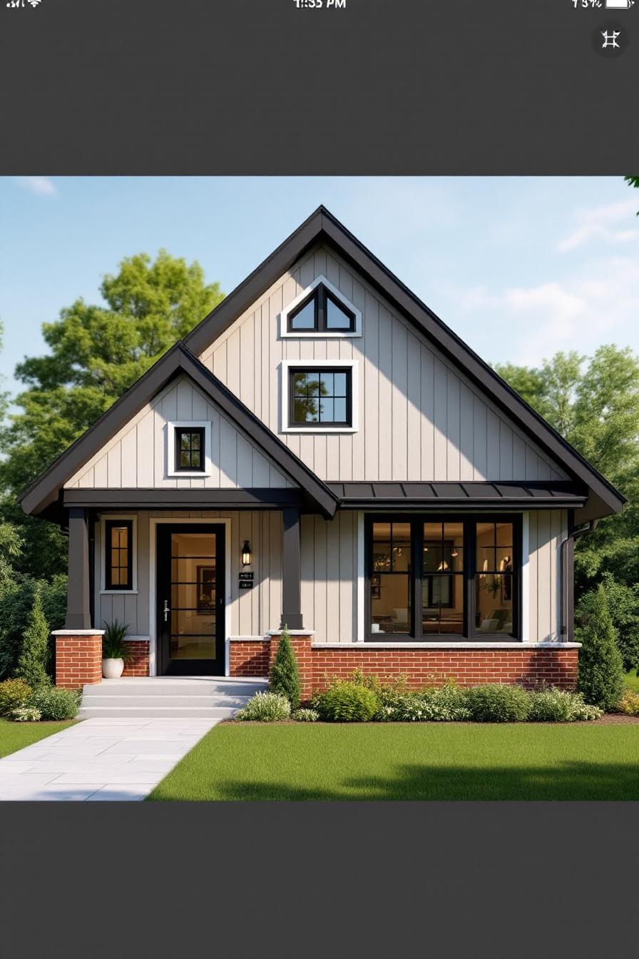 Cozy cottage with gabled roof and brick accents