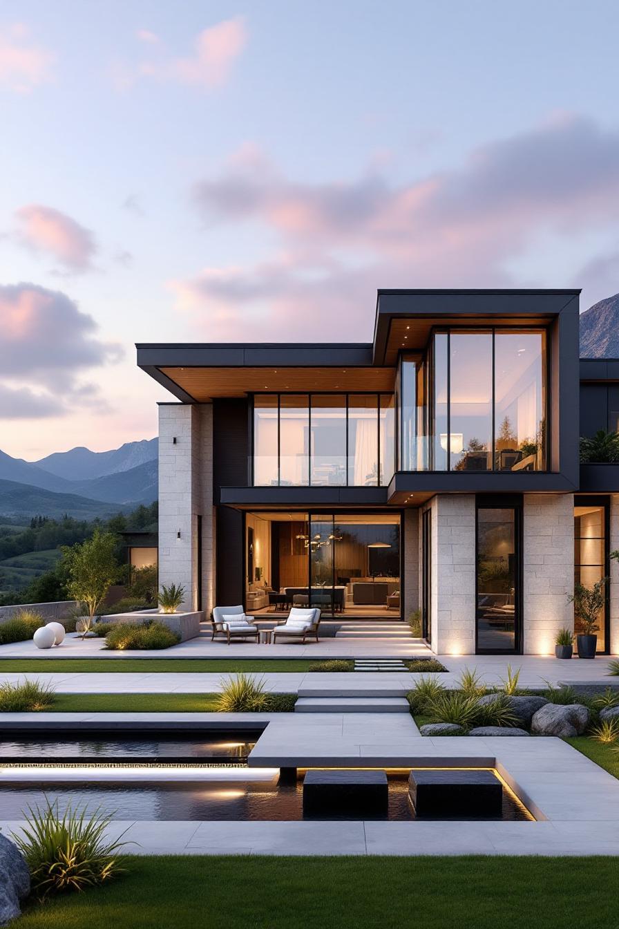 Luxurious modern home with glass panels and mountain view