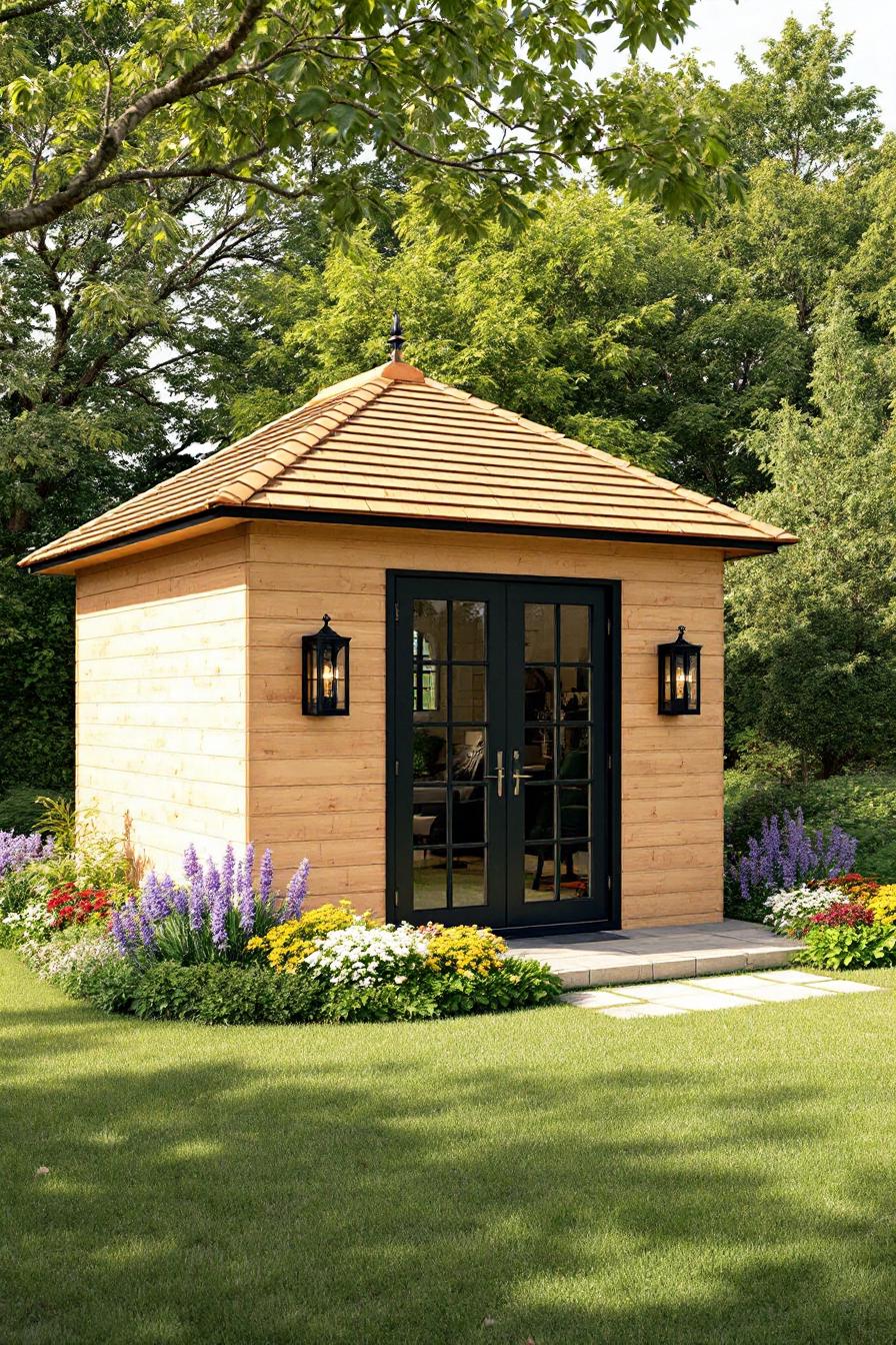 Charming wooden shed surrounded by colorful flowers