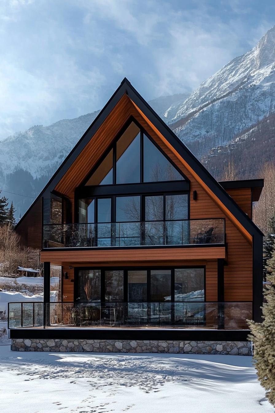 Modern A-frame home with large windows in snowy mountains