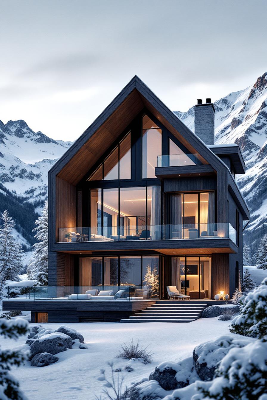 Luxury mountain home with large glass windows, nestled in snowy landscape