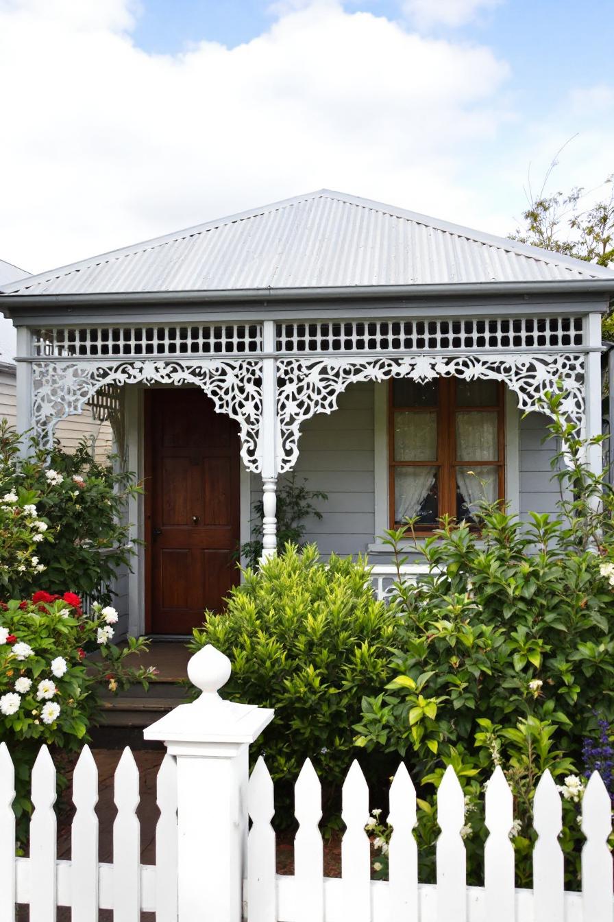 Vintage-style cottage with decorative trim and lush garden