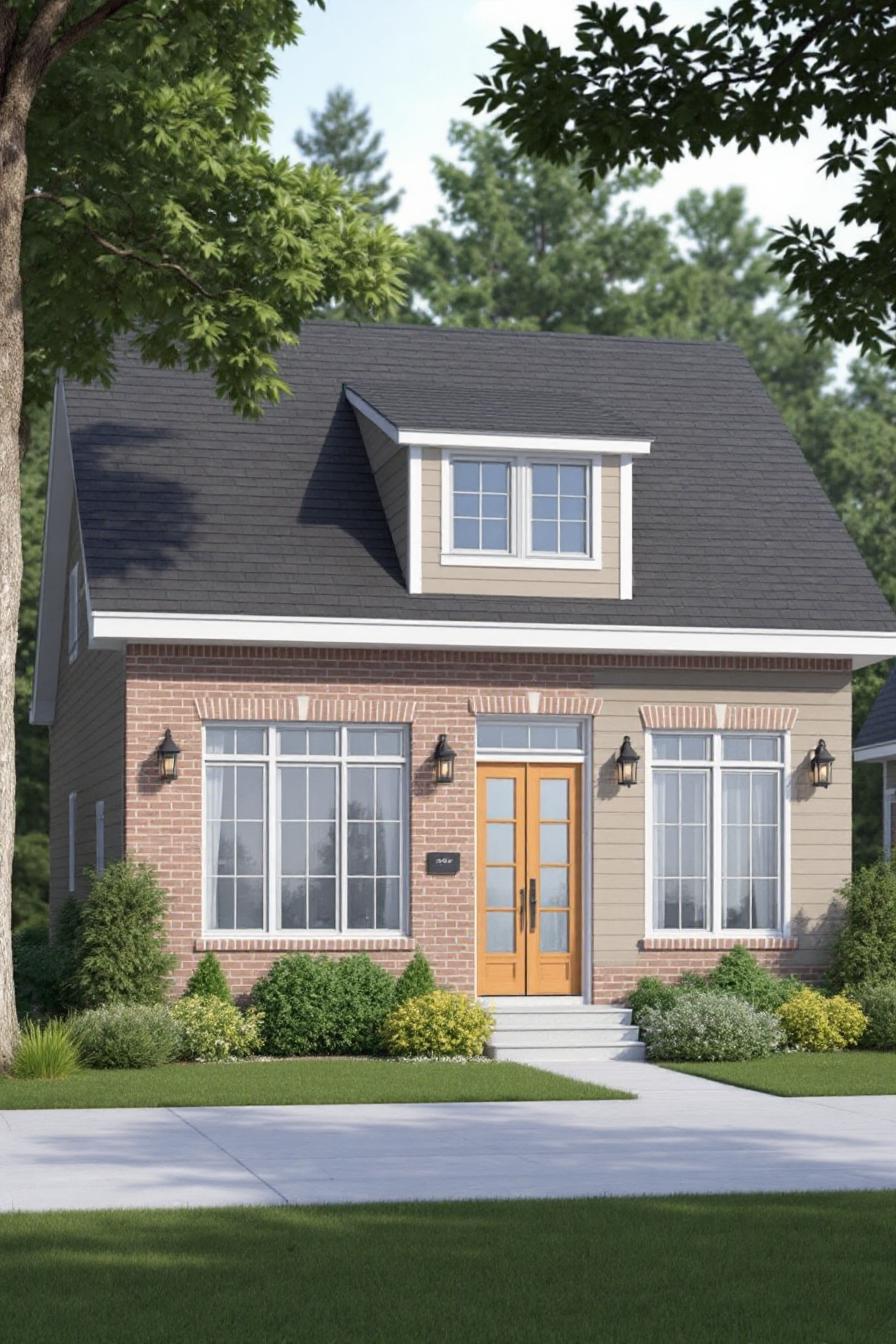 Compact cottage with a brick façade and cozy dormer window