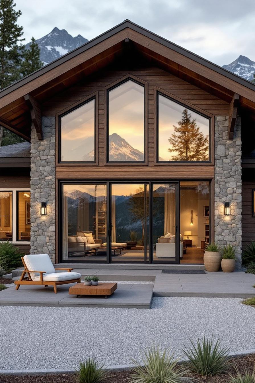 Cozy lodge with large windows and mountain view
