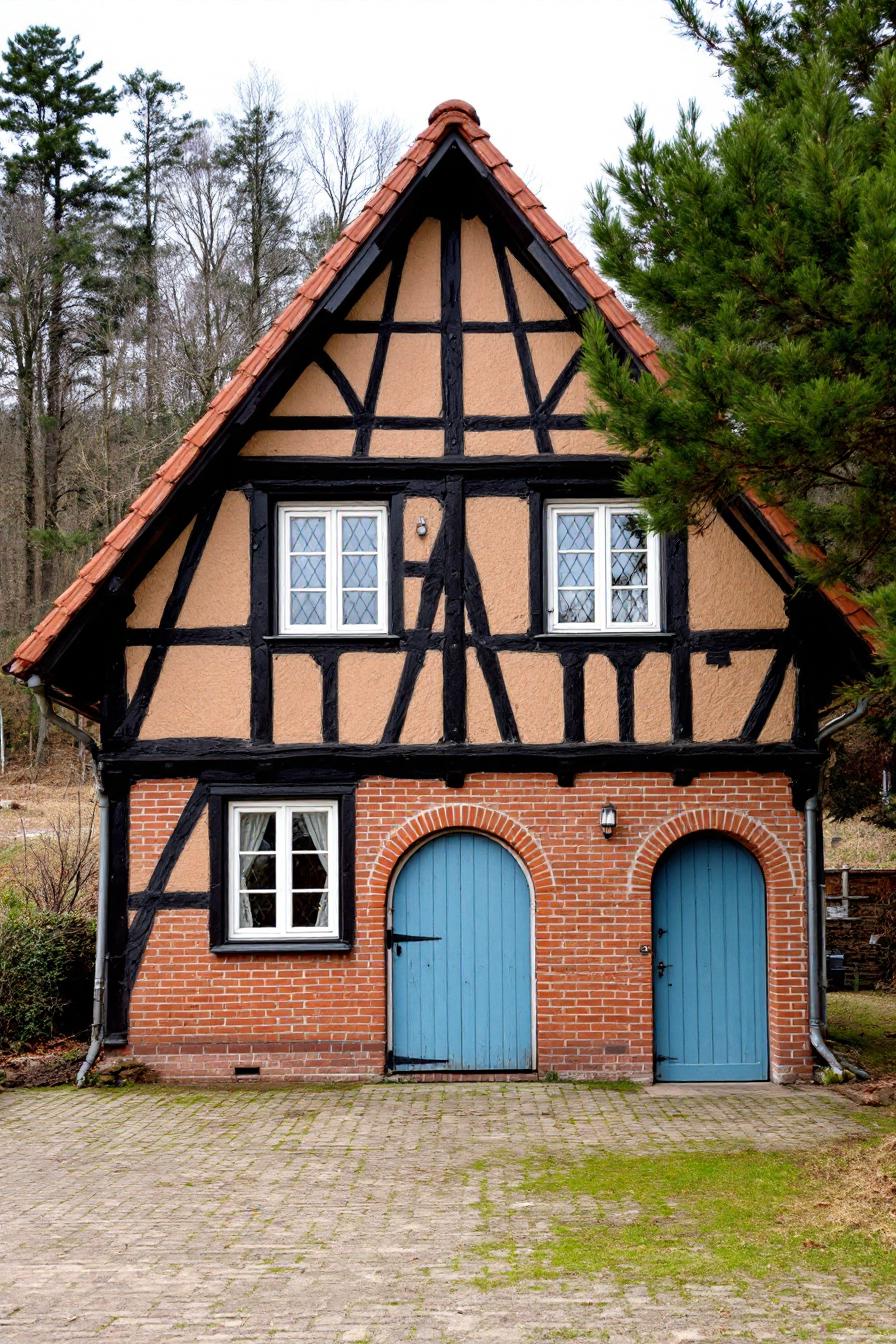 Half-timbered house with blue arched doors