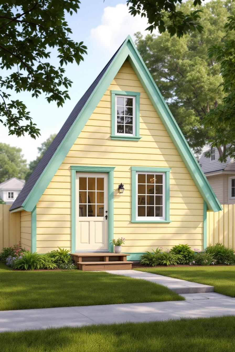 A small, charming yellow cottage with a steep roof and vibrant trims