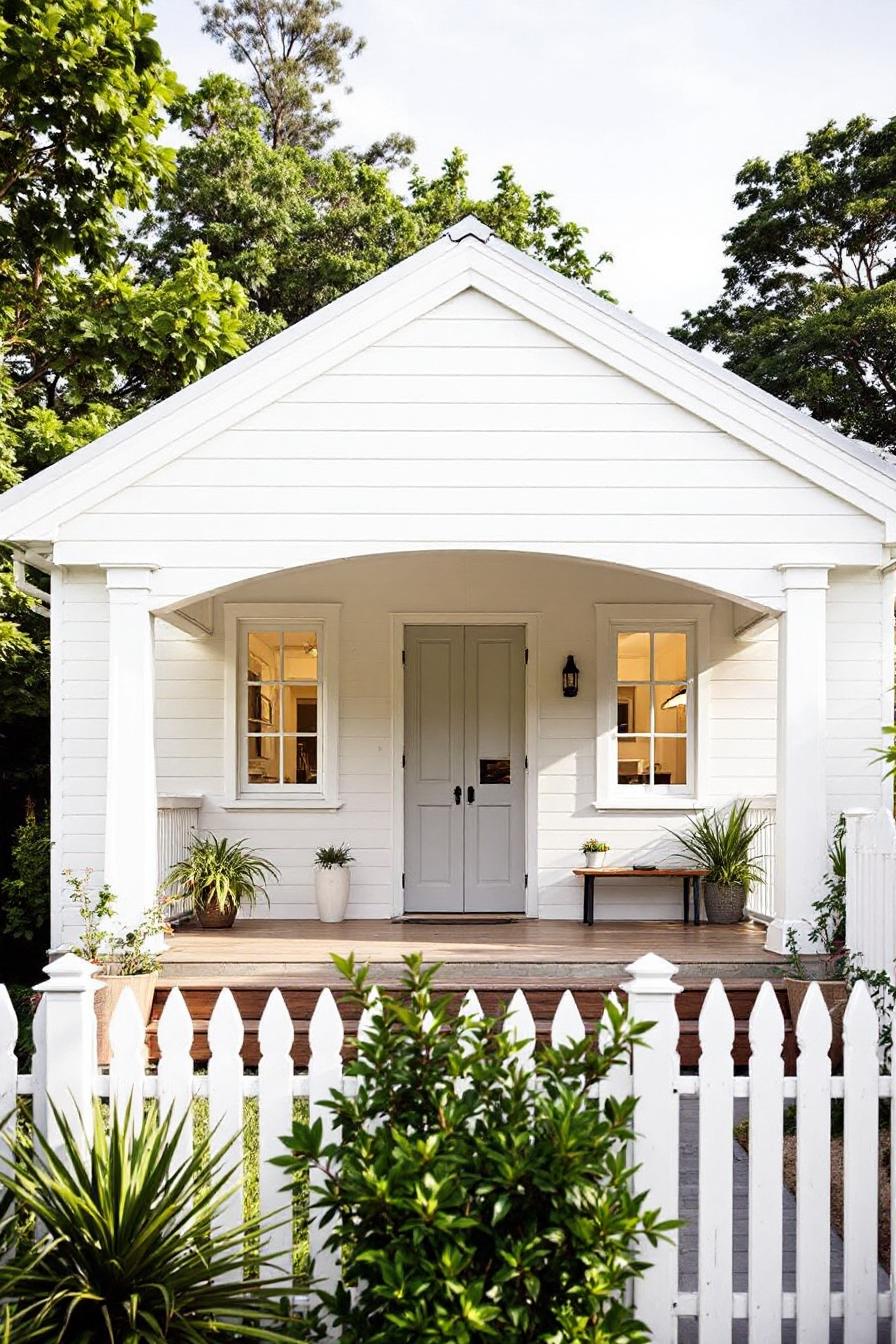 White wooden cottage with porch and picket fence