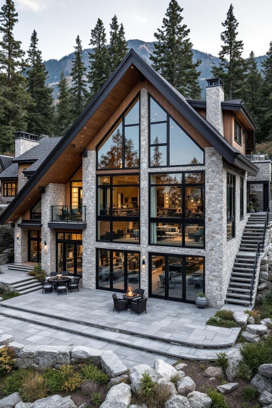 Stone cottage with large windows and mountain backdrop