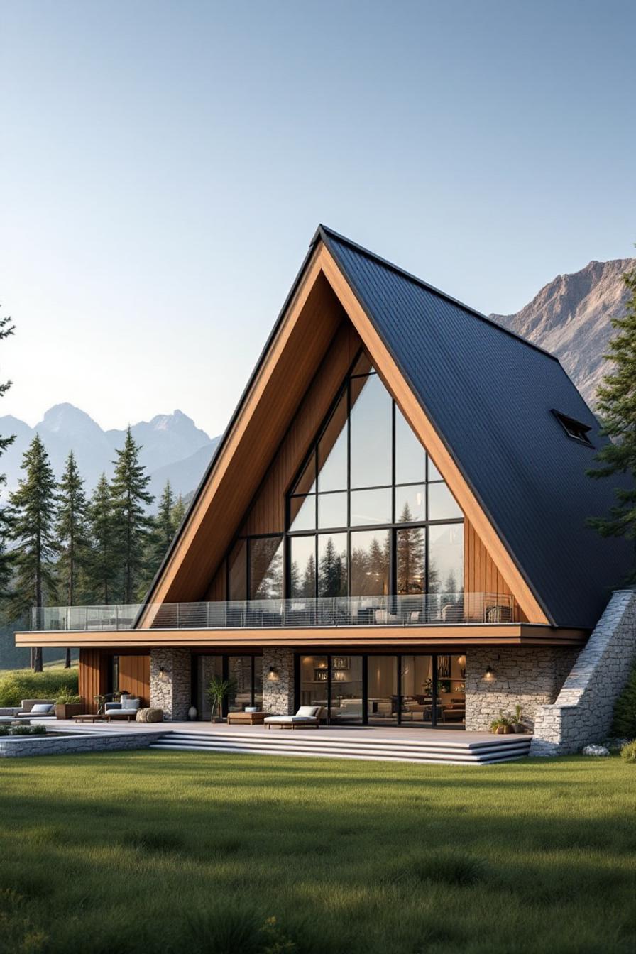 A-Frame house with large glass windows in a mountain setting