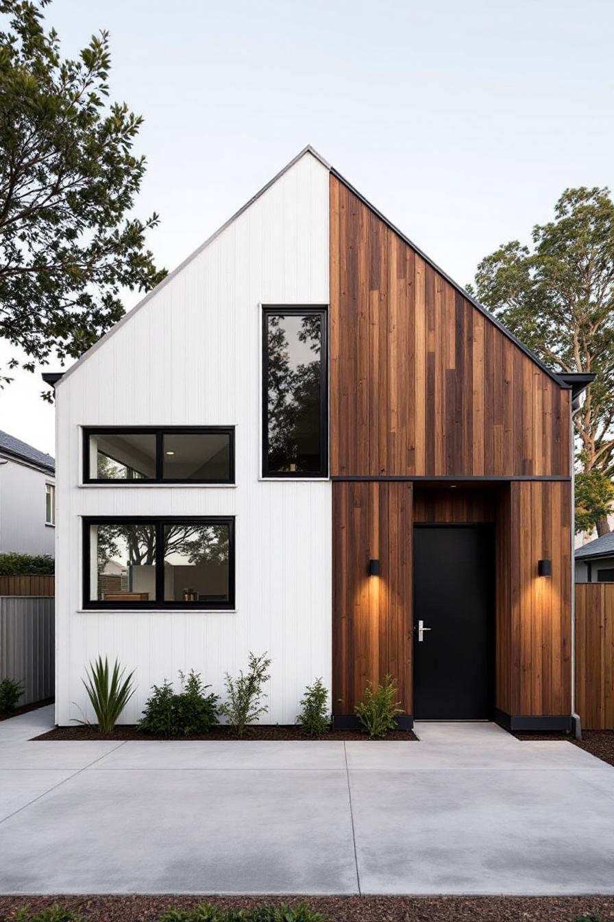 Modern cottage with wooden siding and white paneling