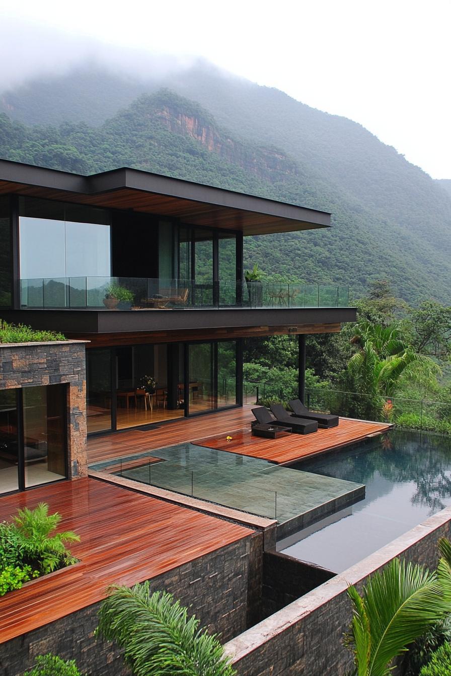 Modern mountain home with large glass windows and a pool
