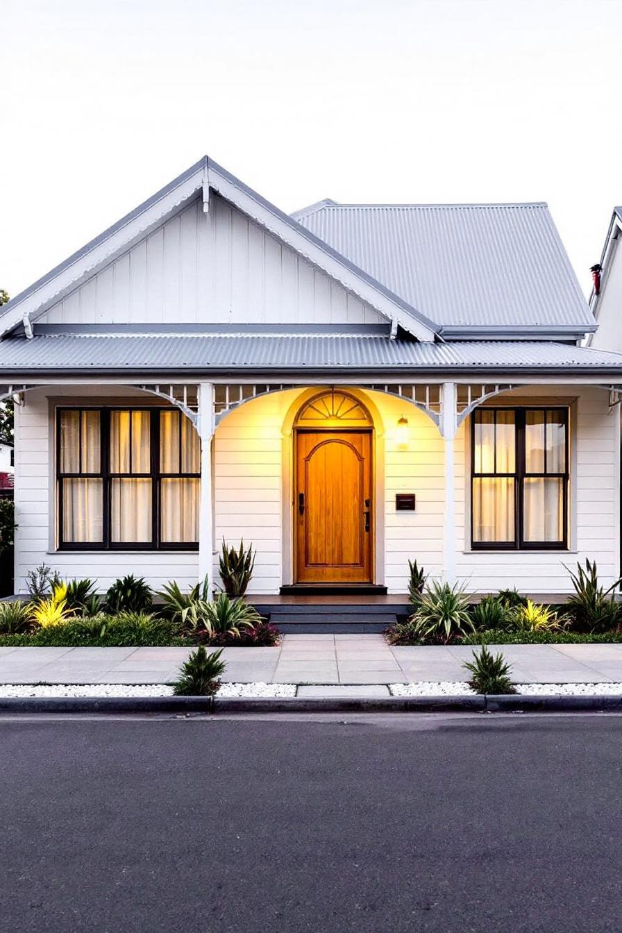 White wooden cottage with a central arched wooden door