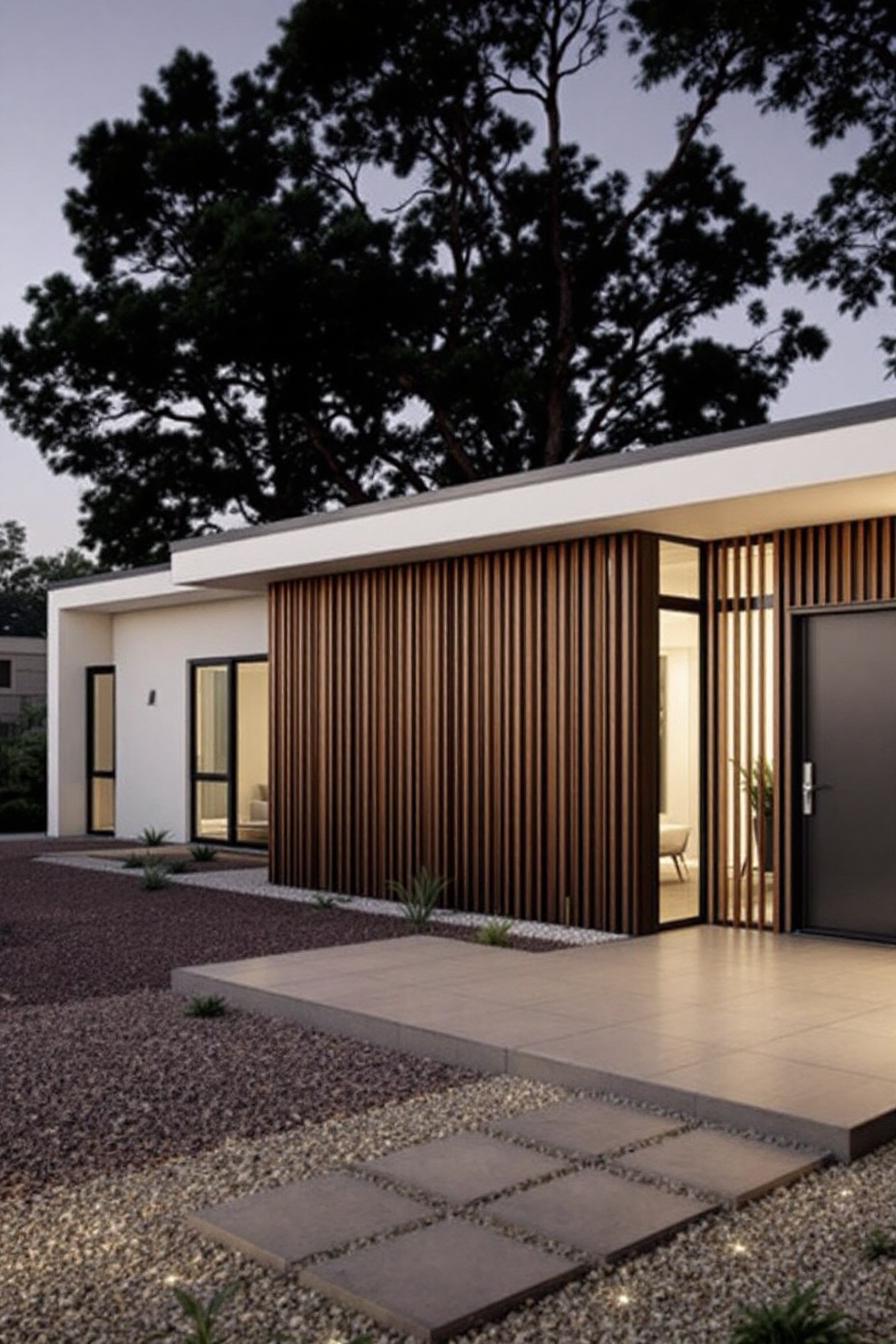 Contemporary bungalow with sleek wooden slats and clean lines