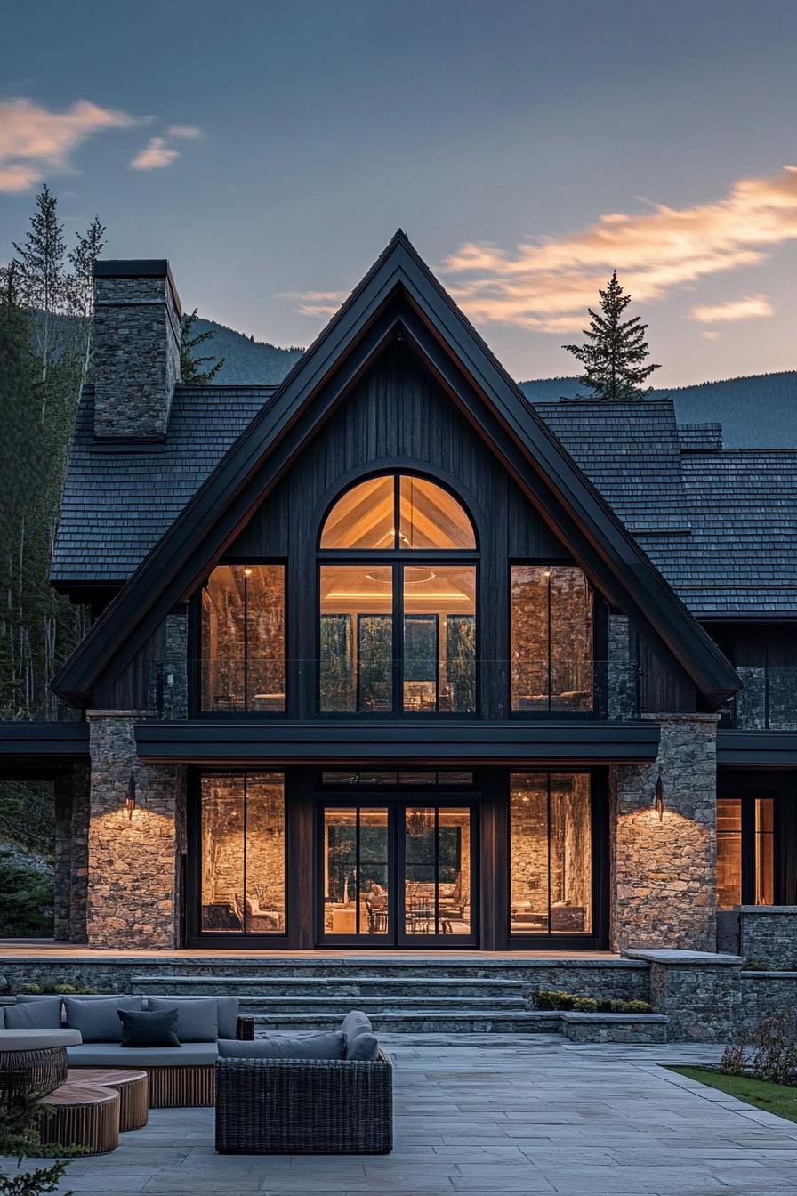 Rustic mountain house with a large windowed facade